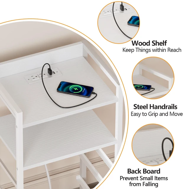 Alt view image 7 of 7 - White Nightstand with Charging Station,Small Dresser for Bedroom | 4 Drawer Tall Bedside Table with LED light & Remote Control, Metal Frame and Fabric Bins,Wood Desk Top,Easy Assemble for Dorm