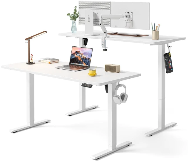 Main image of Standing Desk, 55 × 24 Inches Electric Height Adjustable, Sit and Stand Up, Computer Office Desk with Splice Board, White Frame/White TOP