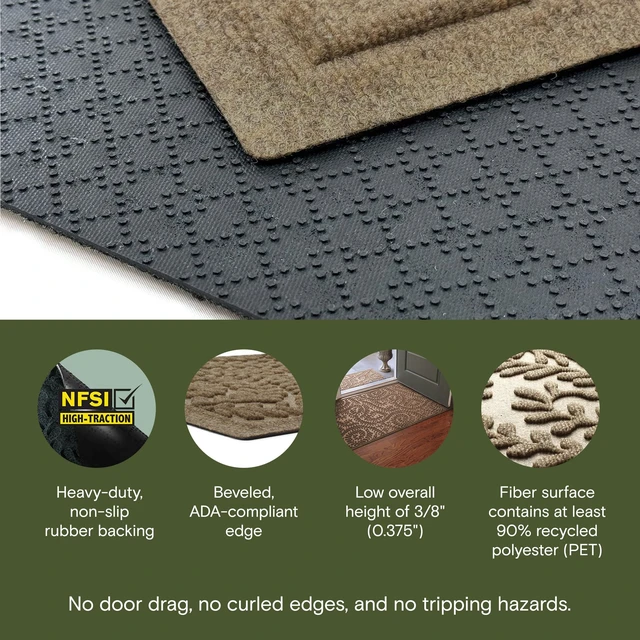 Alt view image 3 of 7 - Boxwood Front Door Mat Indoor Outdoor Entrance, All-Weather Mats | Heavy Duty Outdoor Doormats, Non-Slip Rubber Backing, Dirt & Moisture Trapper, Low Profile, Made in USA, 22"x59", Camel
