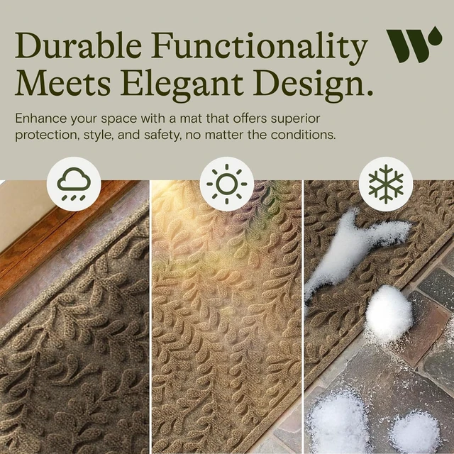 Alt view image 5 of 7 - Boxwood Front Door Mat Indoor Outdoor Entrance, All-Weather Mats | Heavy Duty Outdoor Doormats, Non-Slip Rubber Backing, Dirt & Moisture Trapper, Low Profile, Made in USA, 22"x59", Camel