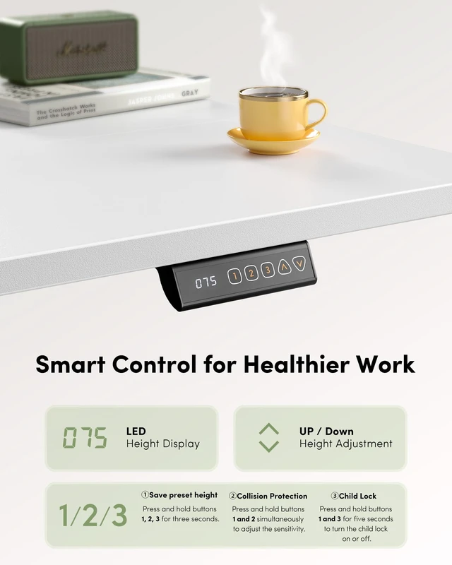 Alt view image 6 of 7 - Standing Desk, 55 × 24 Inches Electric Height Adjustable, Sit and Stand Up, Computer Office Desk with Splice Board, White Frame/White TOP