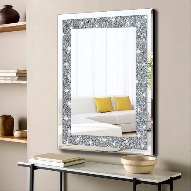 Alt view image 2 of 7 - Crystal Crush Diamond Rectangle Silver Mirror for Wall Decoration 24x32inch Wall Hang Frameless Mirror Acrylic Diamond Decor.