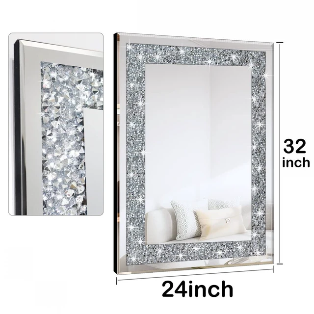 Alt view image 3 of 7 - Crystal Crush Diamond Rectangle Silver Mirror for Wall Decoration 24x32inch Wall Hang Frameless Mirror Acrylic Diamond Decor.