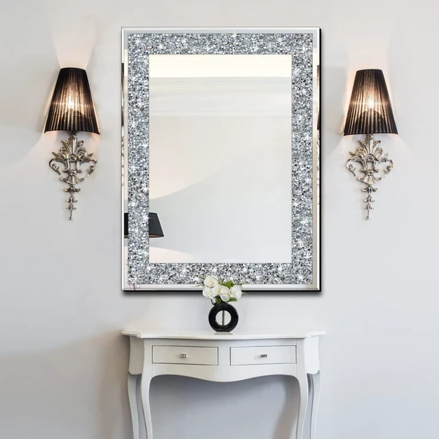 Alt view image 4 of 7 - Crystal Crush Diamond Rectangle Silver Mirror for Wall Decoration 24x32inch Wall Hang Frameless Mirror Acrylic Diamond Decor.