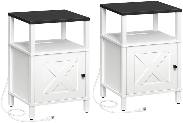 Main image of Set of 2 Farmhouse Nightstand with Charging Station, Night Stand End Table with USB Ports, Barn Door Bedside Table with Storage Cabinet, Modern Side Table for Bedroom, Small Space, Black