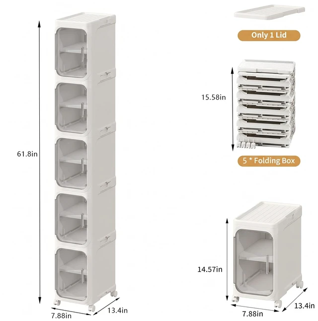 Alt view image 2 of 7 - 5-Tier Tall Slim Narrow Bathroom Storage Cabinet, White | Tool Free Assembly, Adjustable Shelves, Fits for Narrow Spaces, Reinforced Stability, Magnetic Clear Door