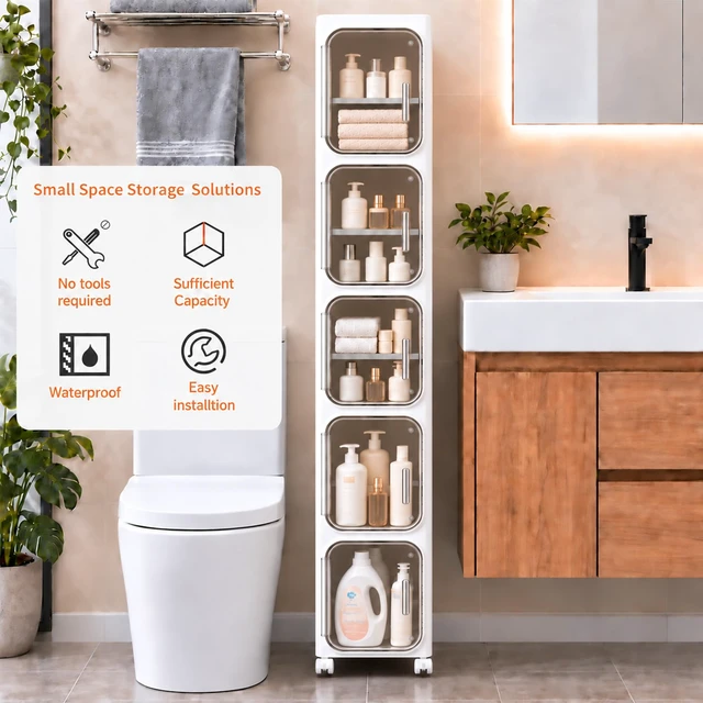 Alt view image 3 of 7 - 5-Tier Tall Slim Narrow Bathroom Storage Cabinet, White | Tool Free Assembly, Adjustable Shelves, Fits for Narrow Spaces, Reinforced Stability, Magnetic Clear Door