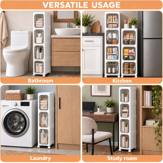 Alt view image 5 of 7 - 5-Tier Tall Slim Narrow Bathroom Storage Cabinet, White | Tool Free Assembly, Adjustable Shelves, Fits for Narrow Spaces, Reinforced Stability, Magnetic Clear Door