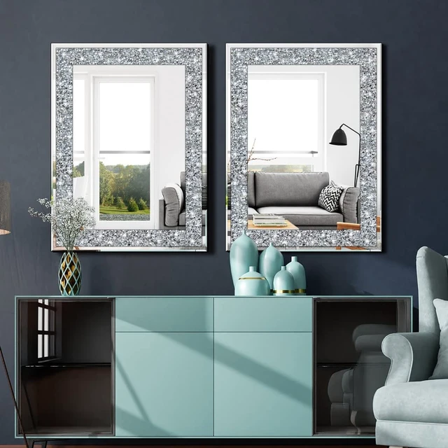 Alt view image 6 of 7 - Crystal Crush Diamond Rectangle Silver Mirror for Wall Decoration 24x32inch Wall Hang Frameless Mirror Acrylic Diamond Decor.