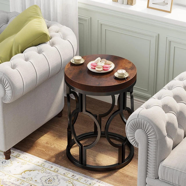 Alt view image 2 of 7 - Round End Table, Industrial SideTable with Metal Hollow Frame, Small Bedside Table Nightstand for Living Room, Bedroom, Easy Assembly (Rustic Brown,1PC)
