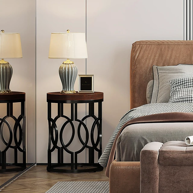 Alt view image 3 of 7 - Round End Table, Industrial SideTable with Metal Hollow Frame, Small Bedside Table Nightstand for Living Room, Bedroom, Easy Assembly (Rustic Brown,1PC)