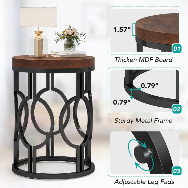 Alt view image 6 of 7 - Round End Table, Industrial SideTable with Metal Hollow Frame, Small Bedside Table Nightstand for Living Room, Bedroom, Easy Assembly (Rustic Brown,1PC)