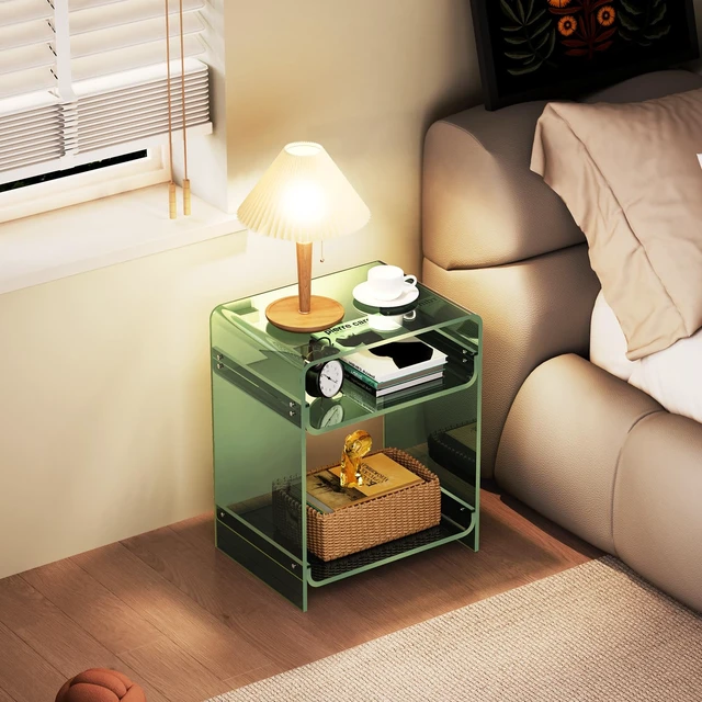 Alt view image 2 of 7 - Acrylic End Table Record Player Table with Storage Shelf Clear Side Table Nightstand (15.7x19.7x11.8) (Green)
