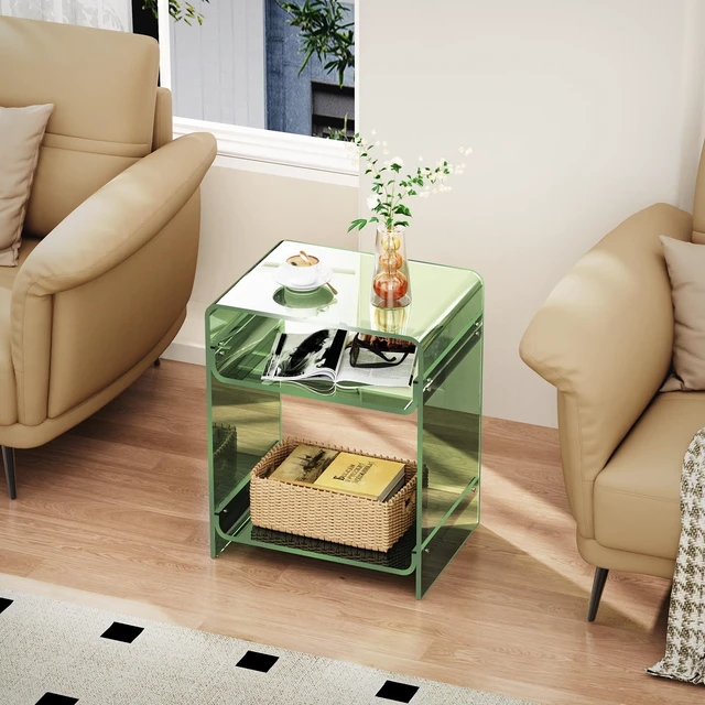 Alt view image 3 of 7 - Acrylic End Table Record Player Table with Storage Shelf Clear Side Table Nightstand (15.7x19.7x11.8) (Green)