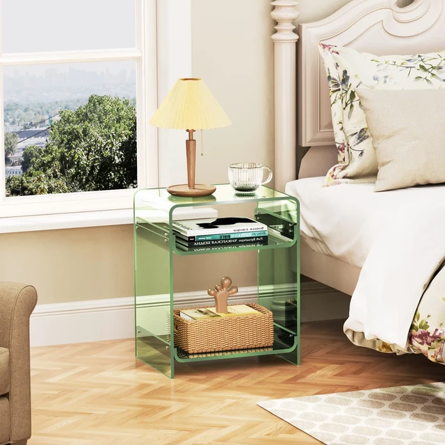 Alt view image 4 of 7 - Acrylic End Table Record Player Table with Storage Shelf Clear Side Table Nightstand (15.7x19.7x11.8) (Green)