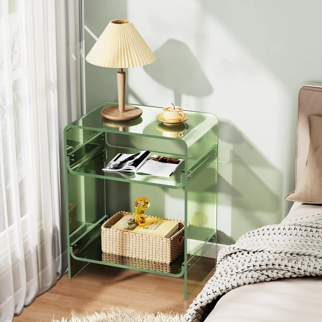 Alt view image 5 of 7 - Acrylic End Table Record Player Table with Storage Shelf Clear Side Table Nightstand (15.7x19.7x11.8) (Green)