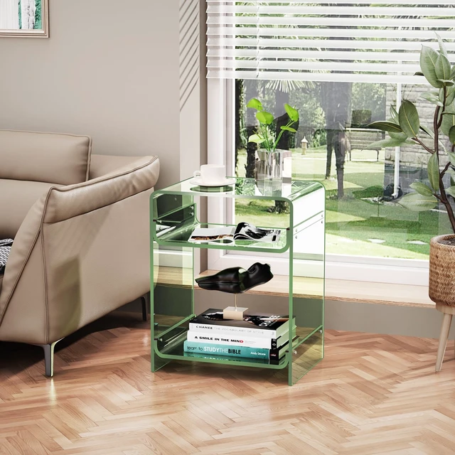 Alt view image 6 of 7 - Acrylic End Table Record Player Table with Storage Shelf Clear Side Table Nightstand (15.7x19.7x11.8) (Green)