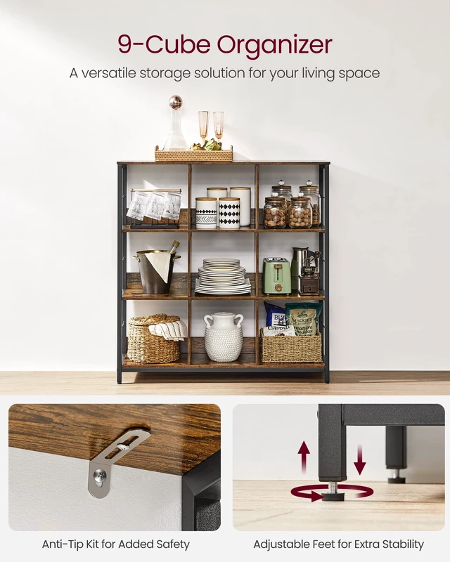 Alt view image 4 of 7 - Bookcase, 9 Cube Storage Organizer, 39.4 x 11.8 x 40.6 inch | Cube Shelf, Console Table, TV Stand with 6 Storage Cubes, Display Shelf for Living Room, Rustic Brown and Black ULLS112B01