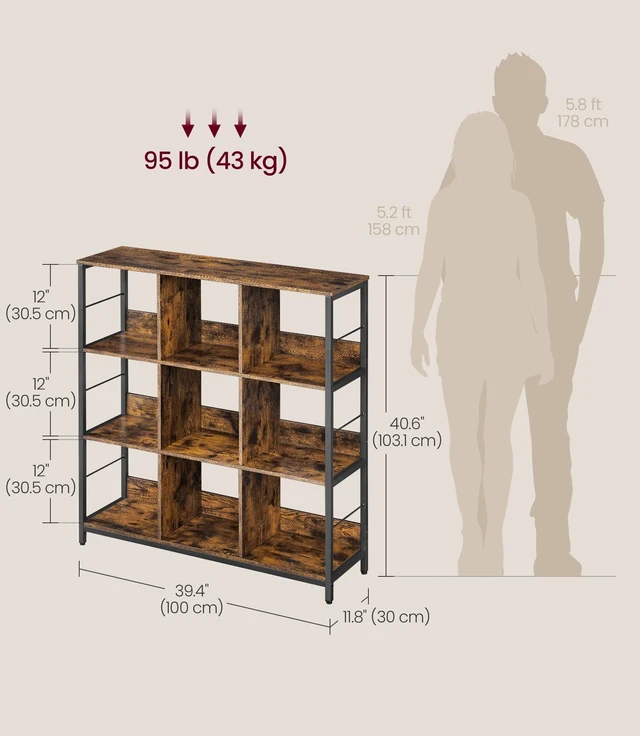 Alt view image 6 of 7 - Bookcase, 9 Cube Storage Organizer, 39.4 x 11.8 x 40.6 inch | Cube Shelf, Console Table, TV Stand with 6 Storage Cubes, Display Shelf for Living Room, Rustic Brown and Black ULLS112B01