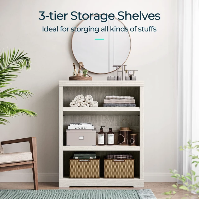 Alt view image 2 of 7 - 3-Tier Bookcase, Small Bookshelf Wood Display Storage Shelves Farmhouse Bookshelf for Home Office, Living Room, Bed Room - White Oak