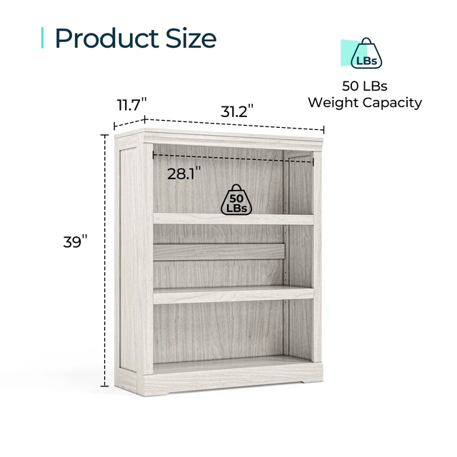 Alt view image 7 of 7 - 3-Tier Bookcase, Small Bookshelf Wood Display Storage Shelves Farmhouse Bookshelf for Home Office, Living Room, Bed Room - White Oak