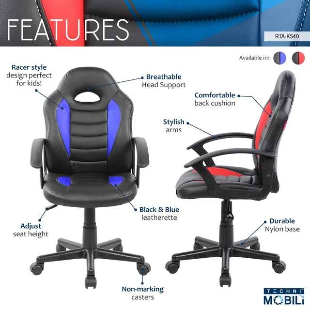 Alt view image 3 of 7 - Kids Gaming Chair, Racing Style Desk Chair, Adjustable, Blue | Ergonomic kids computer chair, rolling casters, height adjustable, padded seat, racing style, study or gaming room, swivel