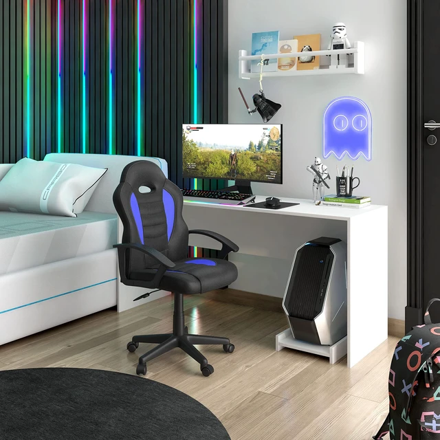 Alt view image 2 of 7 - Kids Gaming Chair, Racing Style Desk Chair, Adjustable, Blue | Ergonomic kids computer chair, rolling casters, height adjustable, padded seat, racing style, study or gaming room, swivel