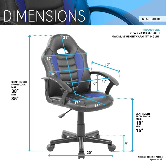 Alt view image 4 of 7 - Kids Gaming Chair, Racing Style Desk Chair, Adjustable, Blue | Ergonomic kids computer chair, rolling casters, height adjustable, padded seat, racing style, study or gaming room, swivel