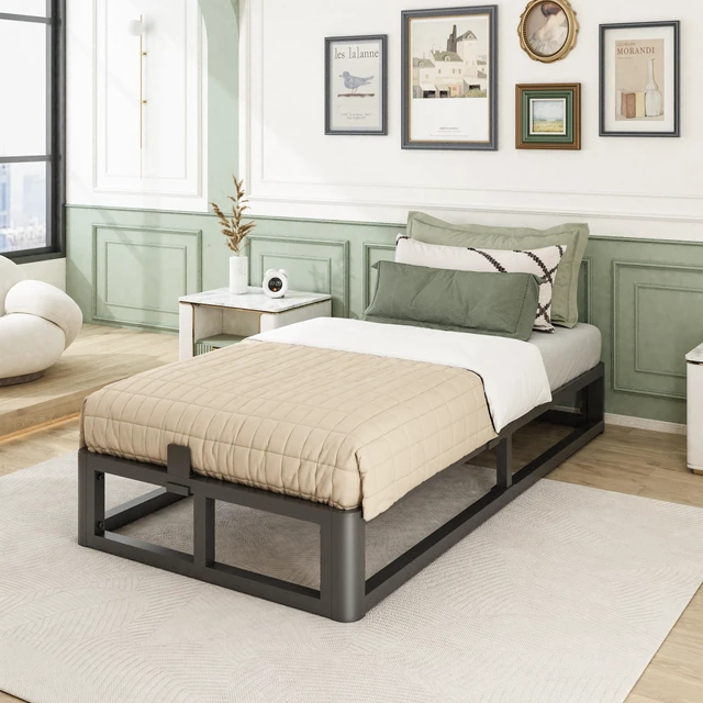 Alt view image 2 of 7 - 10 Inch Twin Bed Frame with Round Corner, Heavy Duty 3500 LBS Steel Slats Support with Mattress Slide Stopper, No Box Spring Needed, Noise Free, Easy Assembly