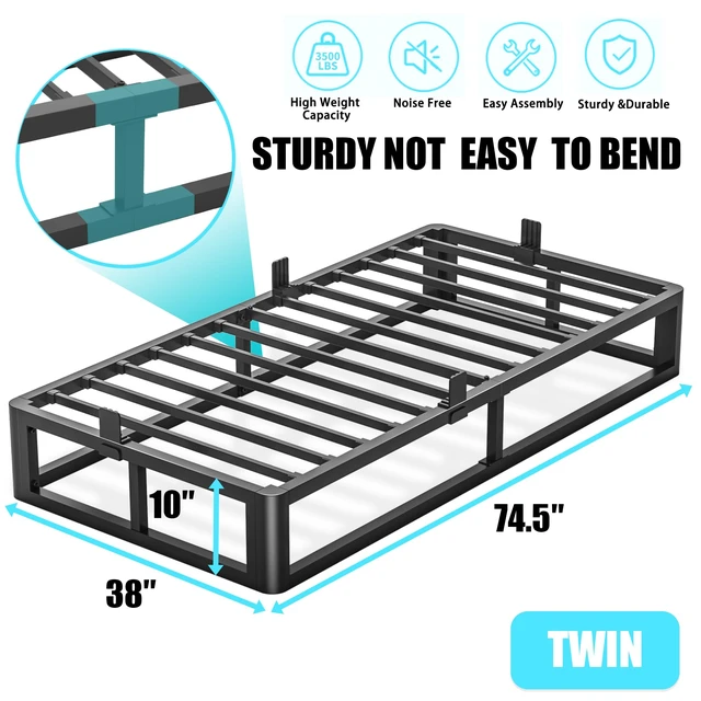 Alt view image 4 of 7 - 10 Inch Twin Bed Frame with Round Corner, Heavy Duty 3500 LBS Steel Slats Support with Mattress Slide Stopper, No Box Spring Needed, Noise Free, Easy Assembly