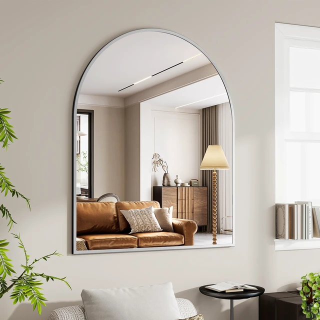 Alt view image 7 of 7 - 36"x48" Arch Bathroom Wall Mirror, Silver | Wall Mounted Vanity Metal Frame Mirror for Bedroom, Entryway, Living Room, Fireplace