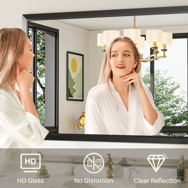 Alt view image 4 of 7 - Black Metal Framed Bathroom Wall Mirror, 28x32 Inch | Anti-rust, HD tempered glass, for bathroom vanity, bedroom, living room, horizontal or vertical mount