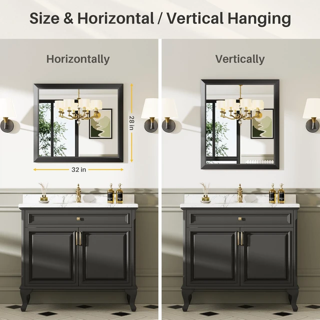 Alt view image 5 of 7 - Black Metal Framed Bathroom Wall Mirror, 28x32 Inch | Anti-rust, HD tempered glass, for bathroom vanity, bedroom, living room, horizontal or vertical mount
