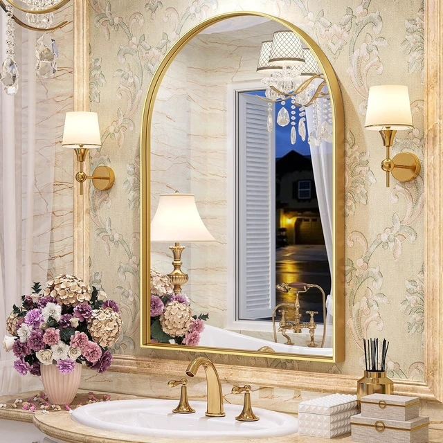 Main image of Gold Arched Mirror, 24 x 32 Inch Arch Wall Mirror, Brass Metal Frame Bathroom Mirror, Arched Top Bathroom Vanity Mirror for Living Room Bedroom Mantel Entryway Hallways