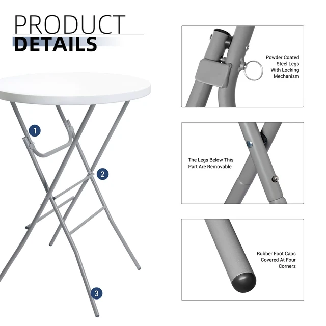 Alt view image 4 of 7 - 32in Cocktail Folding Table, Round High Top Bar Table, White | Portable Foldable Design with Removable Legs, Two Folding Methods, HDPE Tabletop, Indoor Outdoor for Parties, Patio, Events
