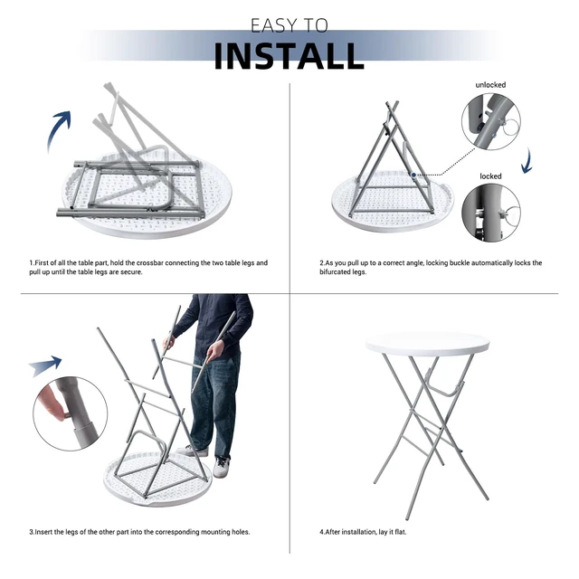 Alt view image 5 of 7 - 32in Cocktail Folding Table, Round High Top Bar Table, White | Portable Foldable Design with Removable Legs, Two Folding Methods, HDPE Tabletop, Indoor Outdoor for Parties, Patio, Events