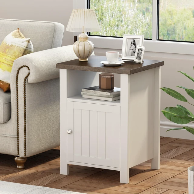 Alt view image 3 of 7 - Farmhouse Nightstands with Storage | End Table Set of 2, Open Shelf, Rustic Bedside Table Set of 2 for Bedroom, White & Brown