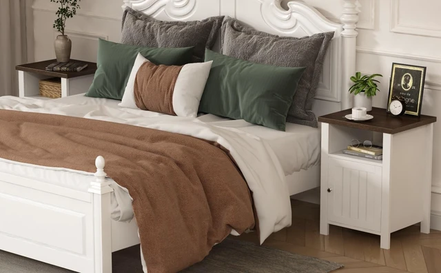 Alt view image 6 of 7 - Farmhouse Nightstands with Storage | End Table Set of 2, Open Shelf, Rustic Bedside Table Set of 2 for Bedroom, White & Brown