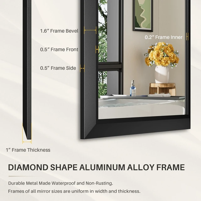 Alt view image 7 of 7 - Black Metal Framed Bathroom Wall Mirror, 28x32 Inch | Anti-rust, HD tempered glass, for bathroom vanity, bedroom, living room, horizontal or vertical mount