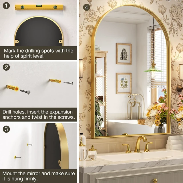 Alt view image 5 of 6 - Gold Arched Mirror, 24 x 32 Inch Arch Wall Mirror, Brass Metal Frame Bathroom Mirror, Arched Top Bathroom Vanity Mirror for Living Room Bedroom Mantel Entryway Hallways