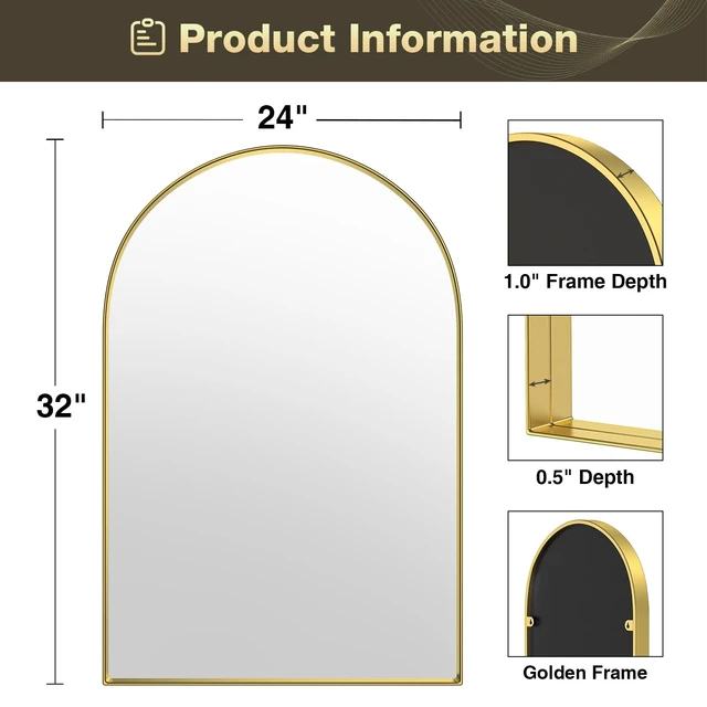 Alt view image 6 of 6 - Gold Arched Mirror, 24 x 32 Inch Arch Wall Mirror, Brass Metal Frame Bathroom Mirror, Arched Top Bathroom Vanity Mirror for Living Room Bedroom Mantel Entryway Hallways