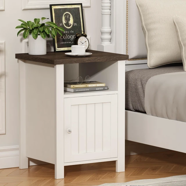 Alt view image 4 of 7 - Farmhouse Nightstands with Storage | End Table Set of 2, Open Shelf, Rustic Bedside Table Set of 2 for Bedroom, White & Brown