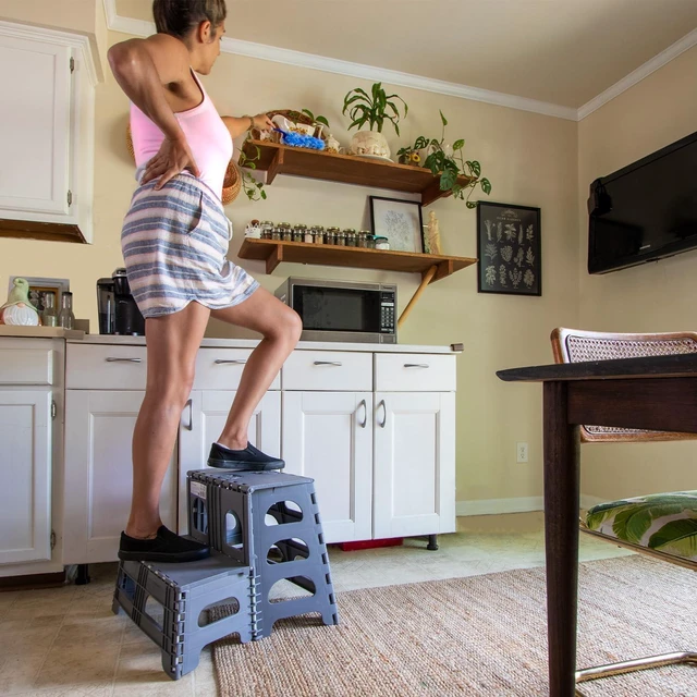 Alt view image 5 of 6 - Foldable Step Stool, Non-Slip, Wide Stairs, Supports 200lbs, Gray | Folding 2-Step Stool, Collapsible Ladder with Non-Slip Wide Steps, for Adults & Kids
