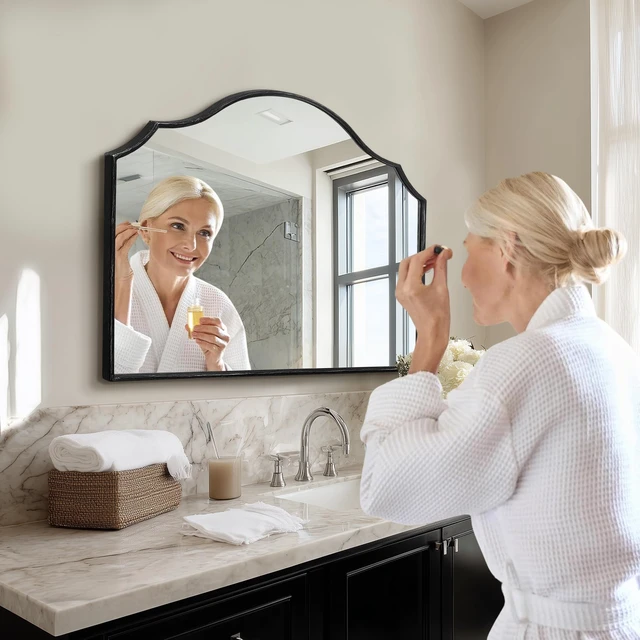 Alt view image 4 of 7 - Black Wooden Vanity Mirror: 32"x24" Bathroom Mirrors for Over Sink | Scalloped Modern Minimalist Decorative Wall Mirror for Dresser/Mantel/Bedroom/Entryway/Fireplace/Nightstand/Dining Room