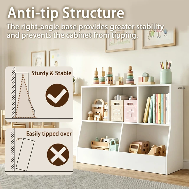 Alt view image 2 of 7 - Toy Storage Organizer, Kids Cubby Cabinet with Bookshelf, 5-Cube | Wood Toy Book Shelf, Anti-Tip Structure, Easy Assembly, 2-Tier 43.3"L Bookcase, Multi-bins Chest, Playroom/Classroom, White