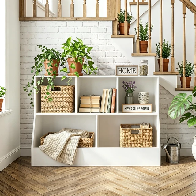 Alt view image 4 of 7 - Toy Storage Organizer, Kids Cubby Cabinet with Bookshelf, 5-Cube | Wood Toy Book Shelf, Anti-Tip Structure, Easy Assembly, 2-Tier 43.3"L Bookcase, Multi-bins Chest, Playroom/Classroom, White