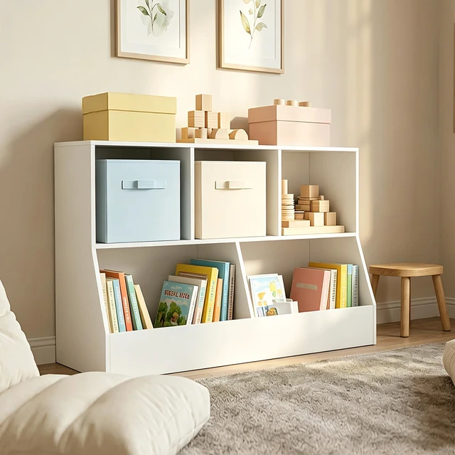 Alt view image 5 of 7 - Toy Storage Organizer, Kids Cubby Cabinet with Bookshelf, 5-Cube | Wood Toy Book Shelf, Anti-Tip Structure, Easy Assembly, 2-Tier 43.3"L Bookcase, Multi-bins Chest, Playroom/Classroom, White
