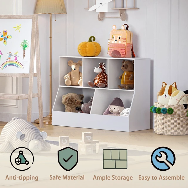 Alt view image 6 of 7 - Toy Storage Organizer, Kids Cubby Cabinet with Bookshelf, 5-Cube | Wood Toy Book Shelf, Anti-Tip Structure, Easy Assembly, 2-Tier 43.3"L Bookcase, Multi-bins Chest, Playroom/Classroom, White