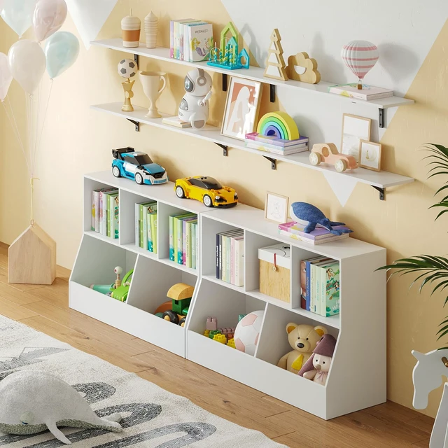 Alt view image 7 of 7 - Toy Storage Organizer, Kids Cubby Cabinet with Bookshelf, 5-Cube | Wood Toy Book Shelf, Anti-Tip Structure, Easy Assembly, 2-Tier 43.3"L Bookcase, Multi-bins Chest, Playroom/Classroom, White