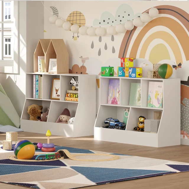 Alt view image 3 of 7 - Toy Storage Organizer, Kids Cubby Cabinet with Bookshelf, 5-Cube | Wood Toy Book Shelf, Anti-Tip Structure, Easy Assembly, 2-Tier 43.3"L Bookcase, Multi-bins Chest, Playroom/Classroom, White